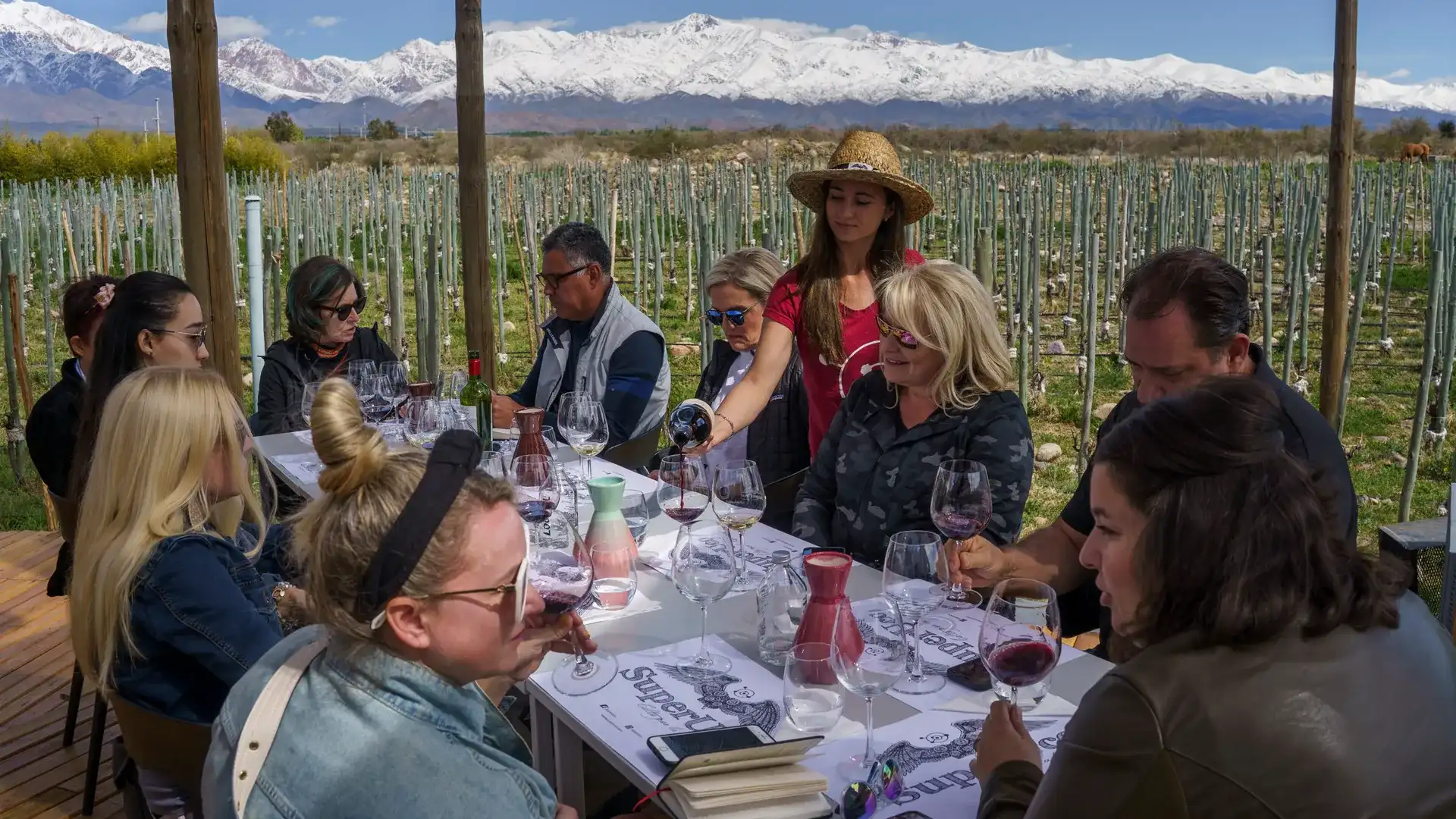 Degustación al aire libre bajo toldo con los Andes de fondo